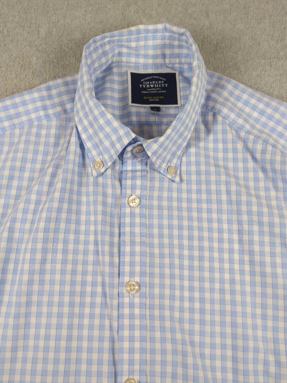 Charles Tyrwhitt Shirt Men's Medium Blue Plaid Extra Slim Fit Non Iron